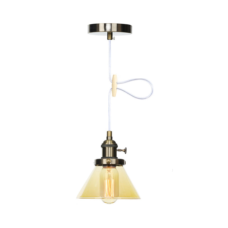 Vintage Style Conical Hanging Pendant Light with Amber/Clear Glass and Metal Head in Black/Bronze/Brass