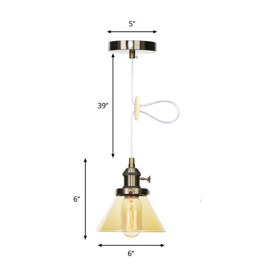 Vintage Style Conical Hanging Pendant Light Fixture - Amber/Clear Glass And Metal 1 Head Kitchen