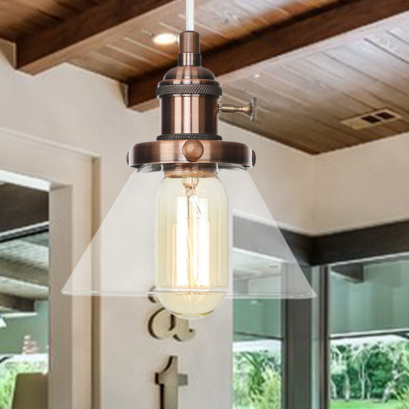 Vintage Style Conical Hanging Pendant Light Fixture - Amber/Clear Glass And Metal 1 Head Kitchen