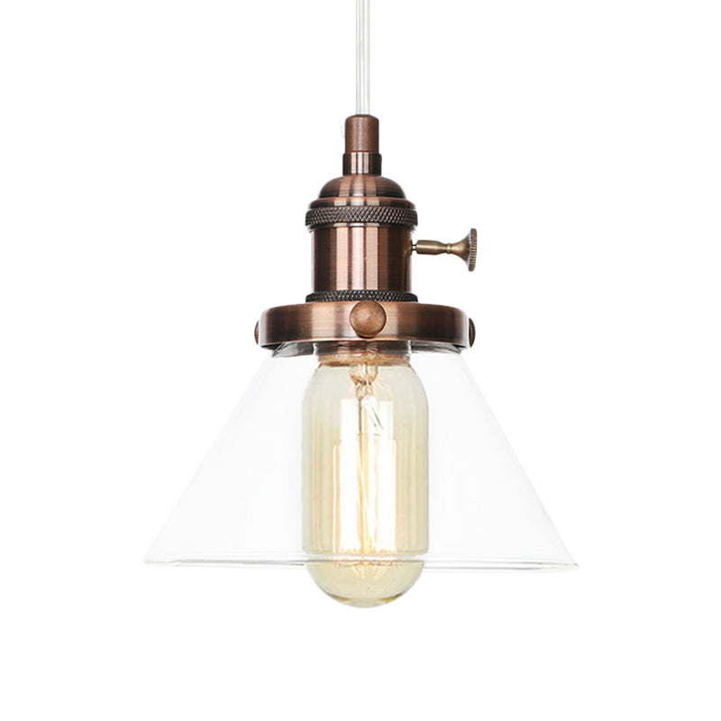 Vintage Style Conical Hanging Pendant Light Fixture - Amber/Clear Glass And Metal 1 Head Kitchen