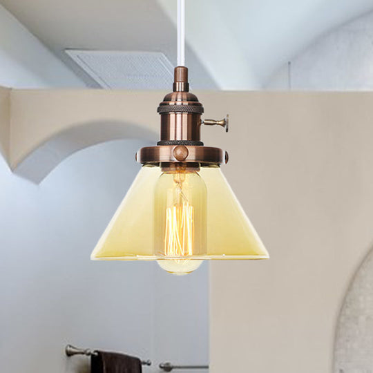 Vintage Style Conical Hanging Pendant Light Fixture - Amber/Clear Glass And Metal 1 Head Kitchen