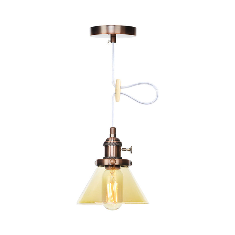 Vintage Style Conical Hanging Pendant Light Fixture - Amber/Clear Glass And Metal 1 Head Kitchen