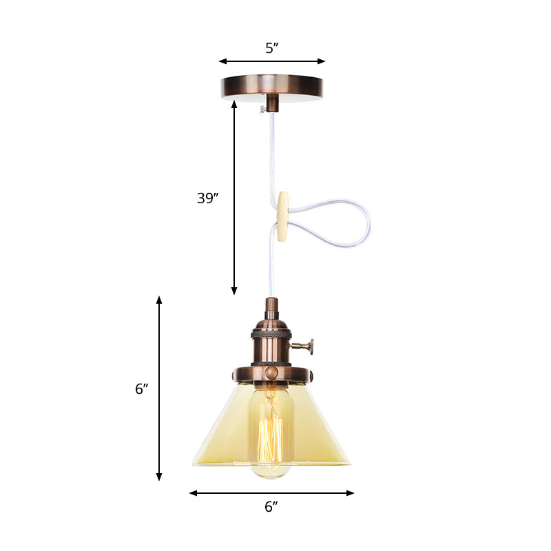 Vintage Style Conical Hanging Pendant Light Fixture - Amber/Clear Glass And Metal 1 Head Kitchen