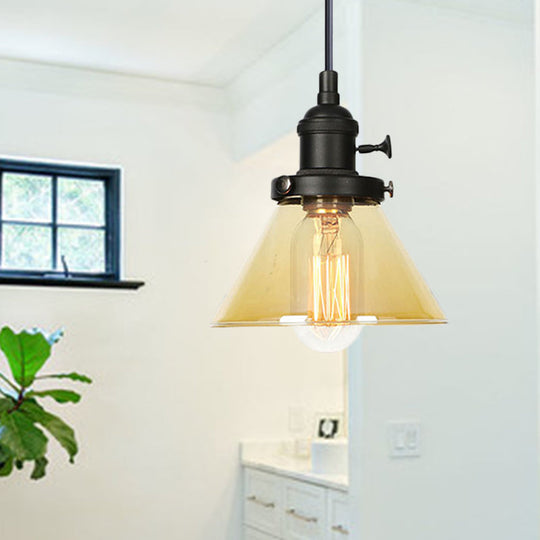 Vintage Style Conical Hanging Pendant Light Fixture - Amber/Clear Glass And Metal 1 Head Kitchen