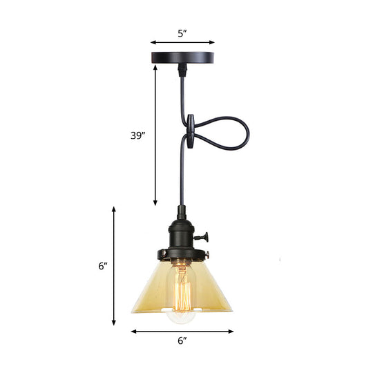 Vintage Style Conical Hanging Pendant Light with Amber/Clear Glass and Metal Head in Black/Bronze/Brass