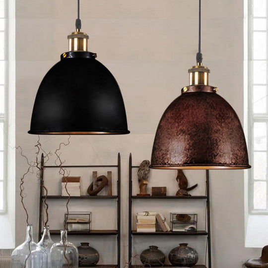 Antique Style Dome Pendant Lamp 1 Light Wrought Iron Hanging Light Fixture with Cord in Black/Rust