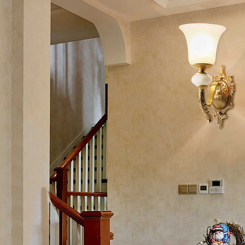 Classic Brass Bell Wall Light Fixture With Frosted Glass - Ideal For Stairways