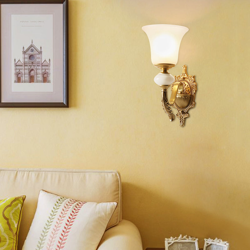 Classic Brass Bell Wall Light Fixture With Frosted Glass - Ideal For Stairways