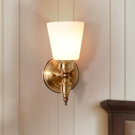 Modern 1-Head Gold Sconce With White Glass Cone Shade For Bedroom Walls