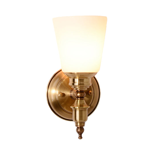 Modern 1-Head Gold Sconce With White Glass Cone Shade For Bedroom Walls