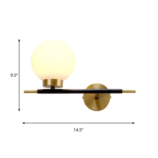 Post-Modern White Glass Sphere Wall Sconce With Brass Finish - 1/2 Bulbs