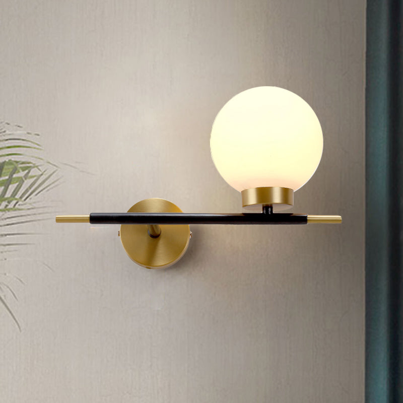 Post-Modern White Glass Sphere Wall Sconce With Brass Finish - 1/2 Bulbs