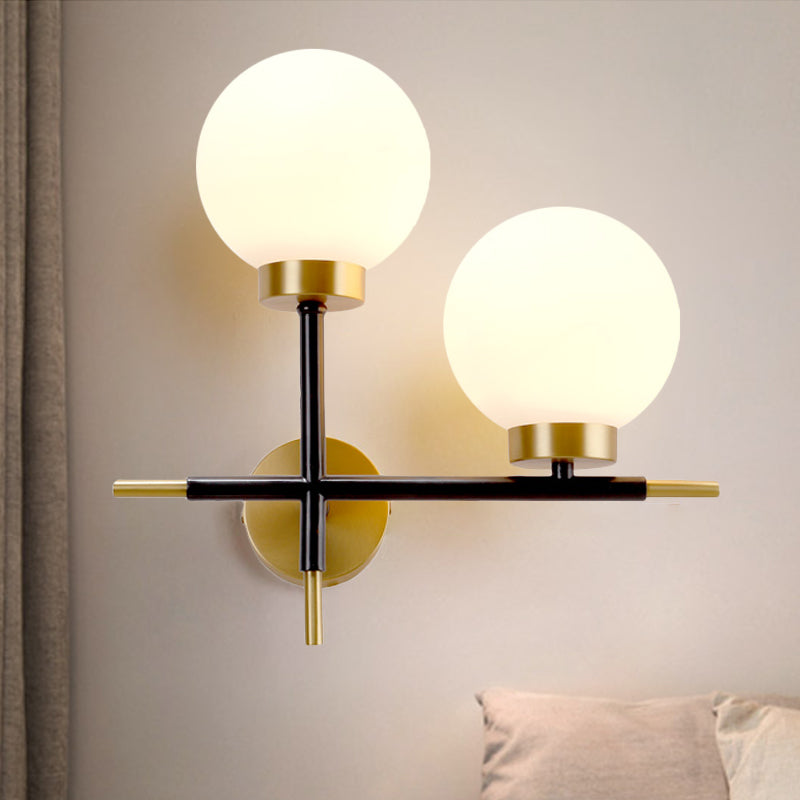 Post-Modern White Glass Sphere Wall Sconce With Brass Finish - 1/2 Bulbs