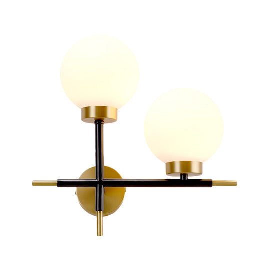 Post-Modern White Glass Sphere Wall Sconce With Brass Finish - 1/2 Bulbs