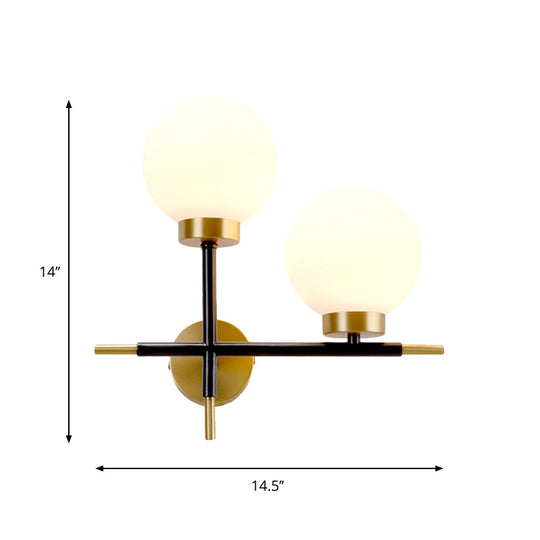 Post-Modern White Glass Sphere Wall Sconce With Brass Finish - 1/2 Bulbs