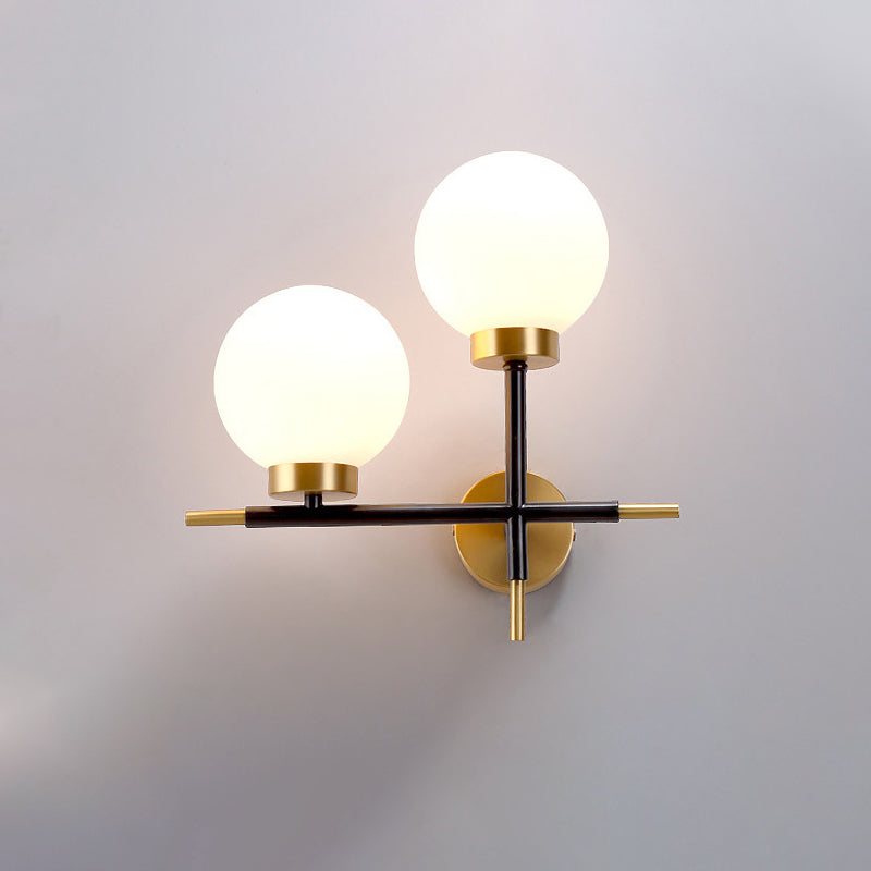 Post-Modern White Glass Sphere Wall Sconce With Brass Finish - 1/2 Bulbs 2 / Left