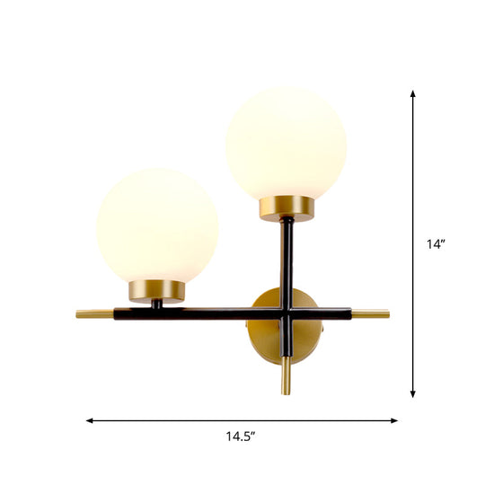 Post-Modern White Glass Sphere Wall Sconce With Brass Finish - 1/2 Bulbs