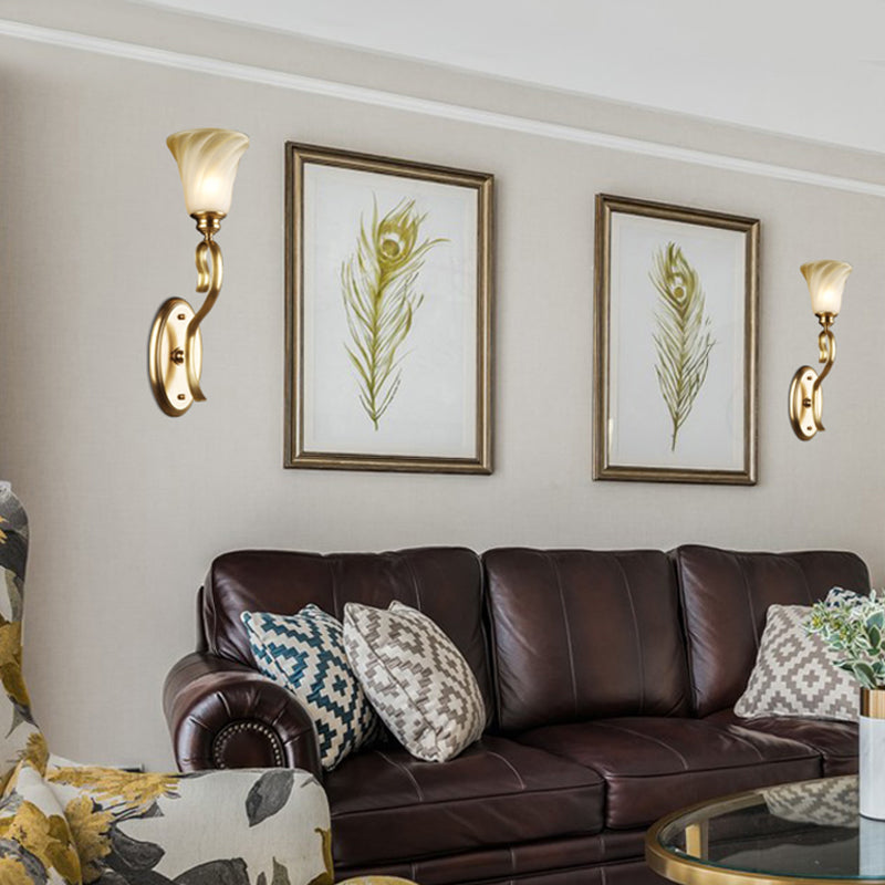 Modern Bell Wall Light Fixture In Gold With Amber Glass: 1-Head Lighting For Living Room