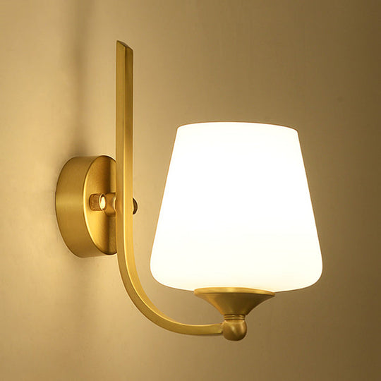 Modern Brass Wall Lamp With Tapered Milk Glass Shade - Stylish 1-Bulb Sconce Lighting For Bedroom