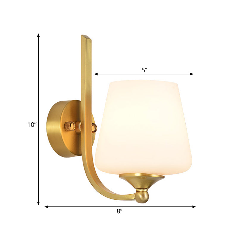 Modern Brass Wall Lamp With Tapered Milk Glass Shade - Stylish 1-Bulb Sconce Lighting For Bedroom