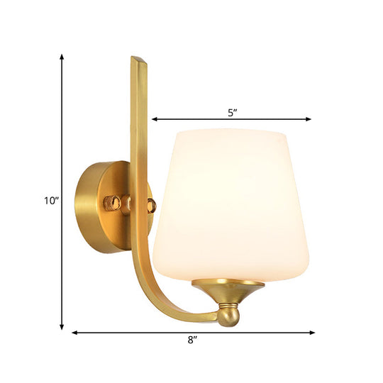 Modern Brass Wall Lamp With Tapered Milk Glass Shade - Stylish 1-Bulb Sconce Lighting For Bedroom