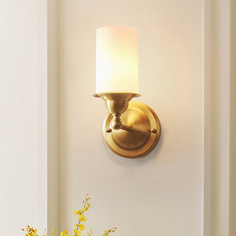 Frosted Glass Wall Lamp In Modernist Style 1-Light Living Room Sconce With Brass Fixture