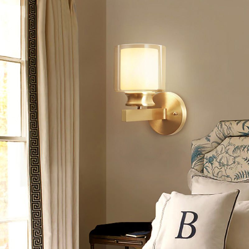 Brass Wall Sconce With Clear And White Glass - Modern Cylindrical Style For Bedroom