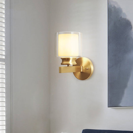 Brass Wall Sconce With Clear And White Glass - Modern Cylindrical Style For Bedroom