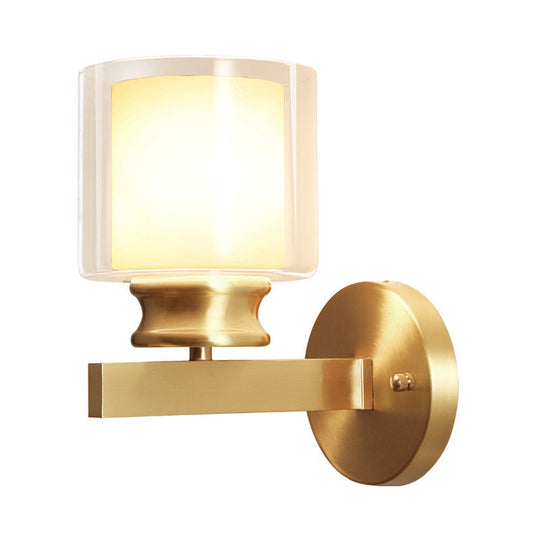 Brass Wall Sconce With Clear And White Glass - Modern Cylindrical Style For Bedroom