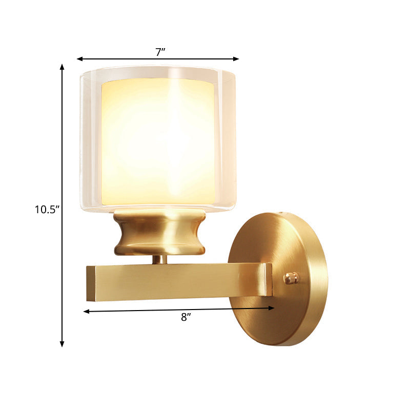 Brass Wall Sconce With Clear And White Glass - Modern Cylindrical Style For Bedroom