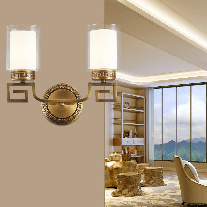 Brass Double Glass Wall Sconce Lamp - Modernist Style 2 Lights Ideal For Corridors