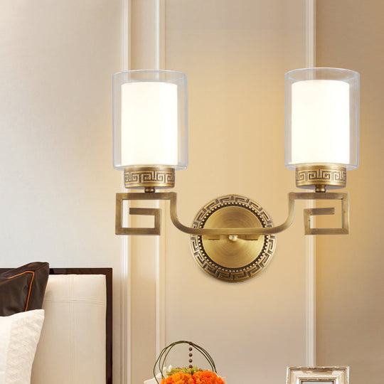 Brass Double Glass Wall Sconce Lamp - Modernist Style 2 Lights Ideal For Corridors