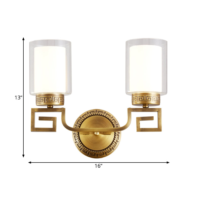 Brass Double Glass Wall Sconce Lamp - Modernist Style 2 Lights Ideal For Corridors