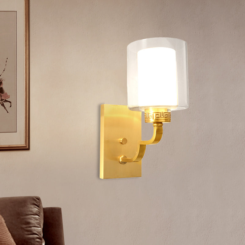 Modern Brass Wall Sconce With Cylinder Shade & Clear/White Glass - Bedroom Lighting Solution