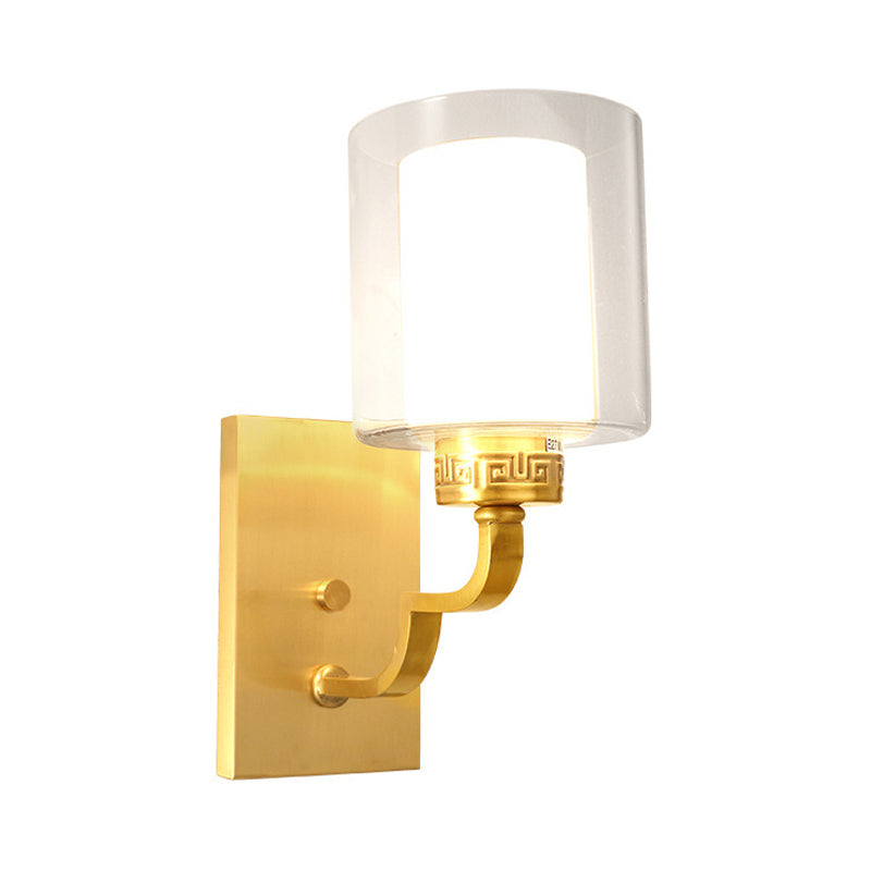 Modern Brass Wall Sconce With Cylinder Shade & Clear/White Glass - Bedroom Lighting Solution