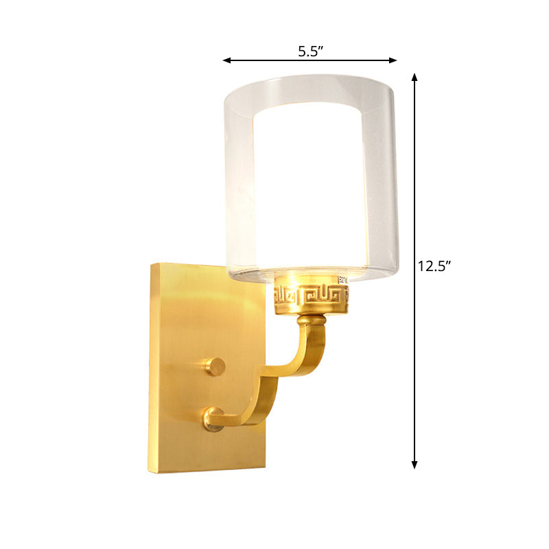 Modern Brass Wall Sconce With Cylinder Shade & Clear/White Glass - Bedroom Lighting Solution