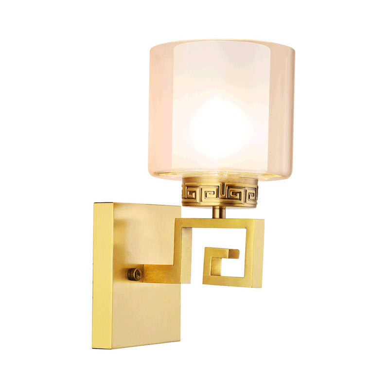 Double Glass Brass Finish Drum Wall Mount Lamp - Modern Style 1 Light Sconce For Hallways