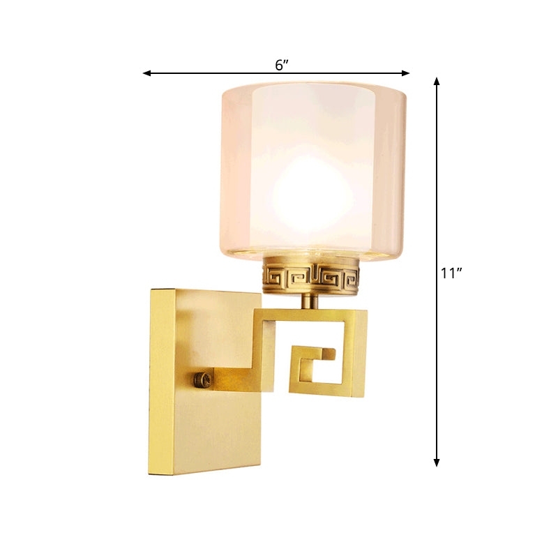 Double Glass Brass Finish Drum Wall Mount Lamp - Modern Style 1 Light Sconce For Hallways