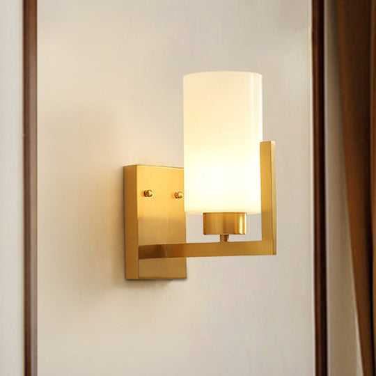 Minimalist Cylinder Wall Sconce With Opal Frosted Glass And Brass Finish - Perfect For Bedroom