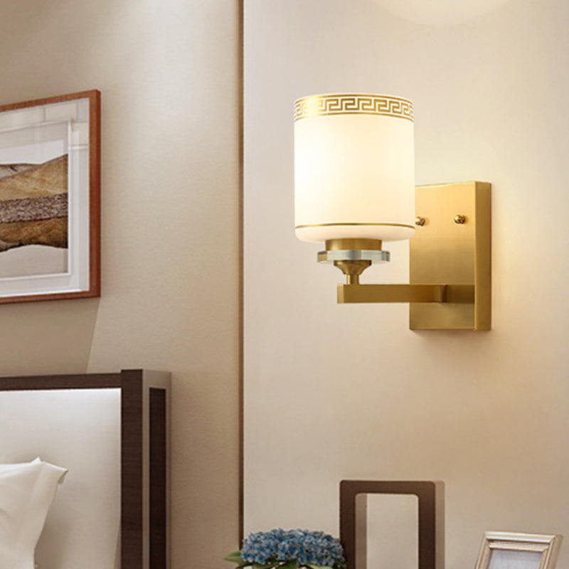 Modern Wall Mounted Lamp With Drum Shade And White Glass In Brass- Perfect For Hallways Brass