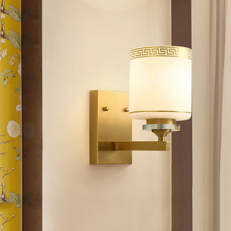 Modern Wall Mounted Lamp With Drum Shade And White Glass In Brass- Perfect For Hallways