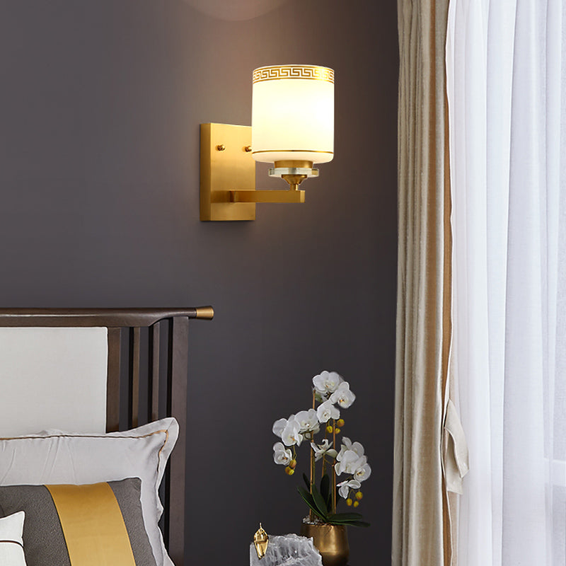 Modern Wall Mounted Lamp With Drum Shade And White Glass In Brass- Perfect For Hallways