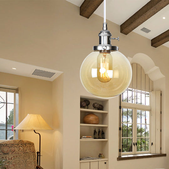 Farmhouse Orbit Pendant Light with Amber/Clear Glass and Adjustable Cord in 3 Elegant Finish Options