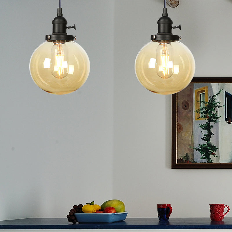 Farmhouse Orbit Pendant Light with Amber/Clear Glass and Adjustable Cord in 3 Elegant Finish Options