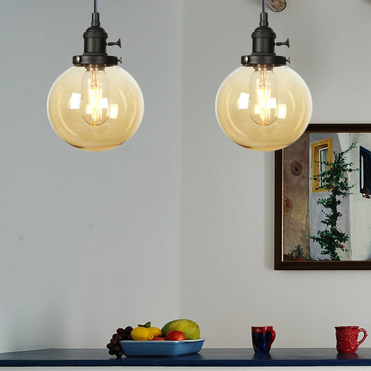 Farmhouse Hanging Pendant Light With Adjustable Cord And Amber/Clear Glass In Black/Bronze/Brass