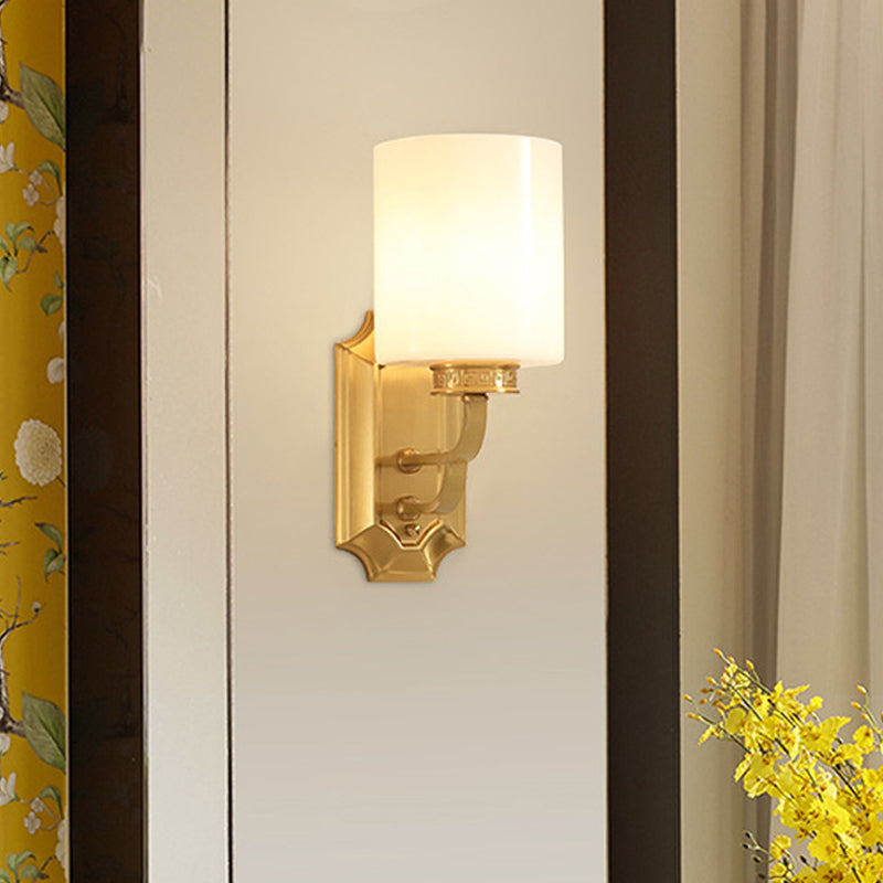 Modern Brass Drum Opal Glass Wall Sconce Lighting Fixture: Stylish 1-Light For Living Room