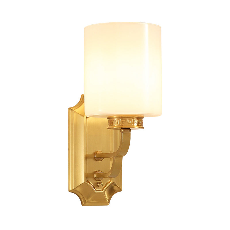 Modern Brass Drum Opal Glass Wall Sconce Lighting Fixture: Stylish 1-Light For Living Room