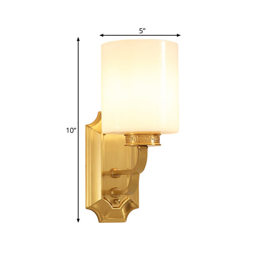 Modern Brass Drum Opal Glass Wall Sconce Lighting Fixture: Stylish 1-Light For Living Room