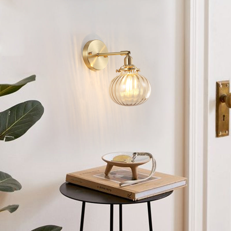 Champagne/Clear Prismatic Glass Single Sconce Gold Wall Light - Minimalist Globe Design