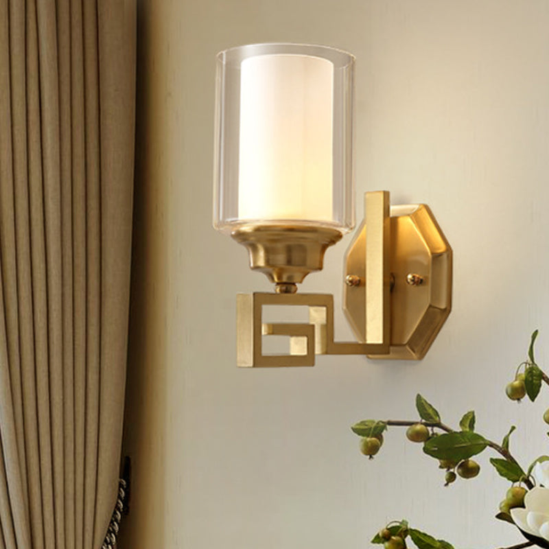 Modern Clear Glass Wall Sconce 1-Light Brass Mount For Living Room Lighting